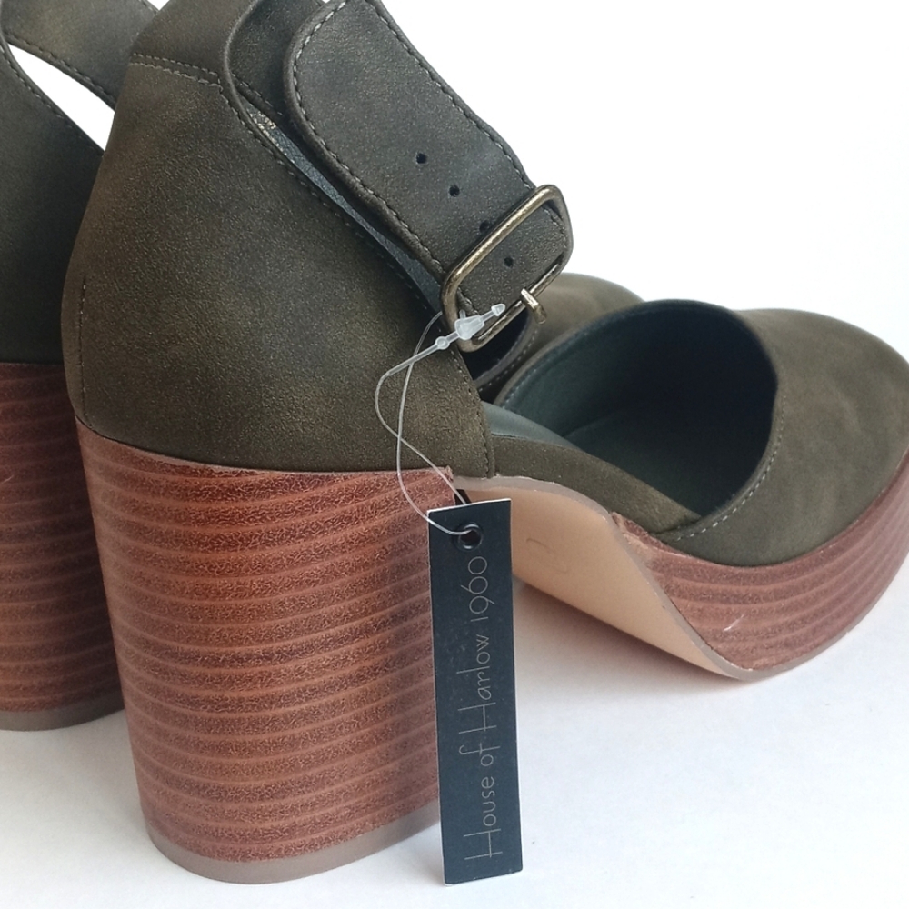 House of Harlow 1960 Olive Green Square Toe Ankle Strap Platform Heels 8M - Picture 5 of 16